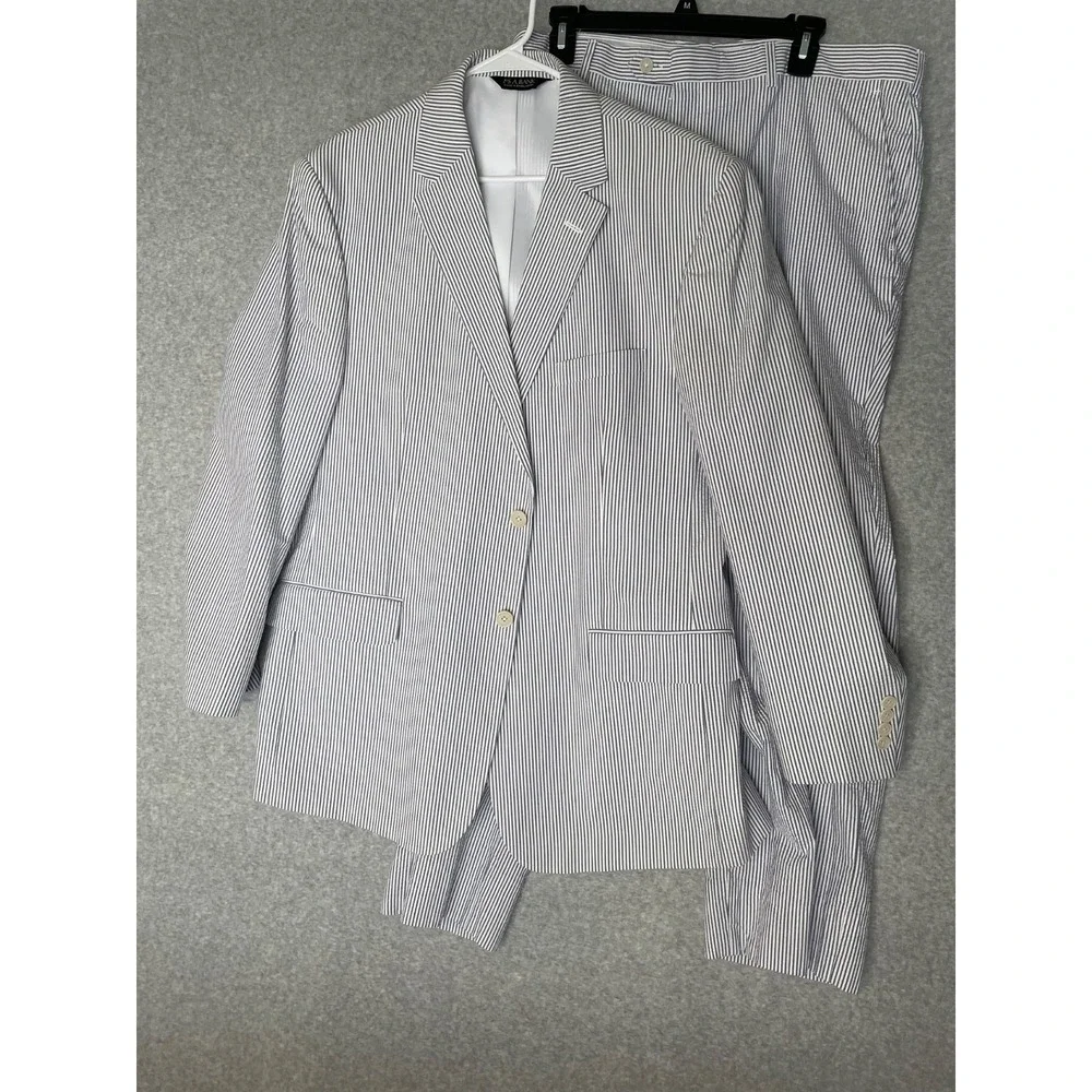 Jos A Bank Stays Cool Tailored Fit Suit Mens 41R Seersucker‎ Striped Blue White